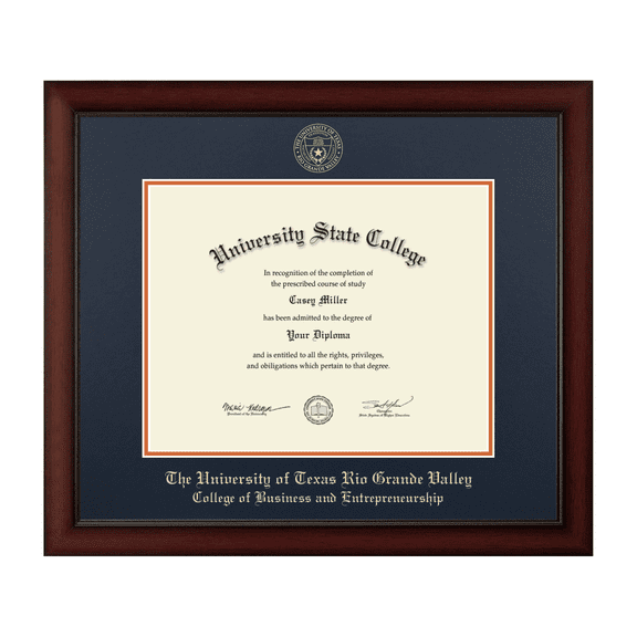 Framerly - UTRGV Business Diploma Frame with Navy and Orange Mat