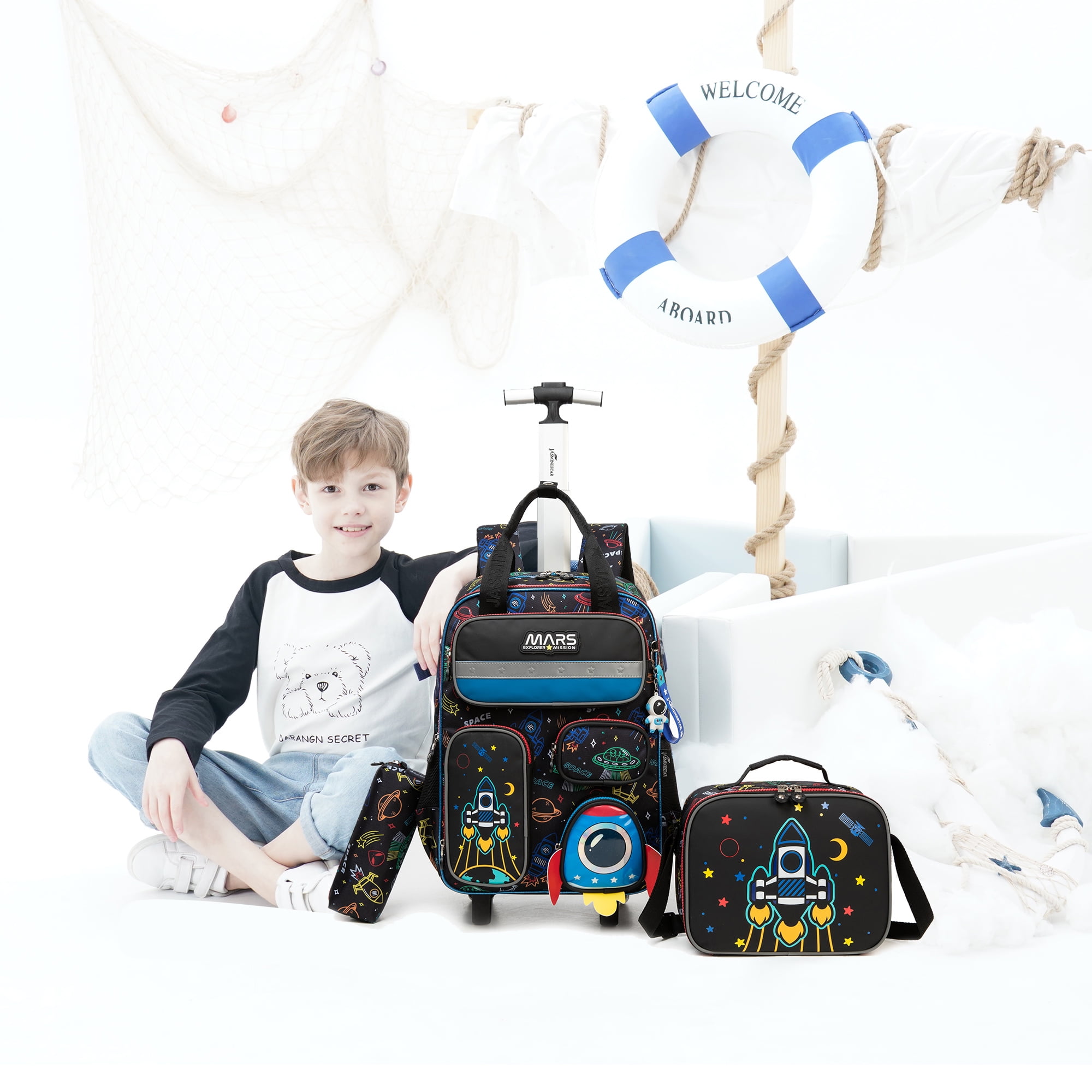 Kid Rolling Backpack for School Boys with Wheels Roller Bookbag with Lunch Box Pencil Case Carry-on Kids' Luggage for Ages 8-10