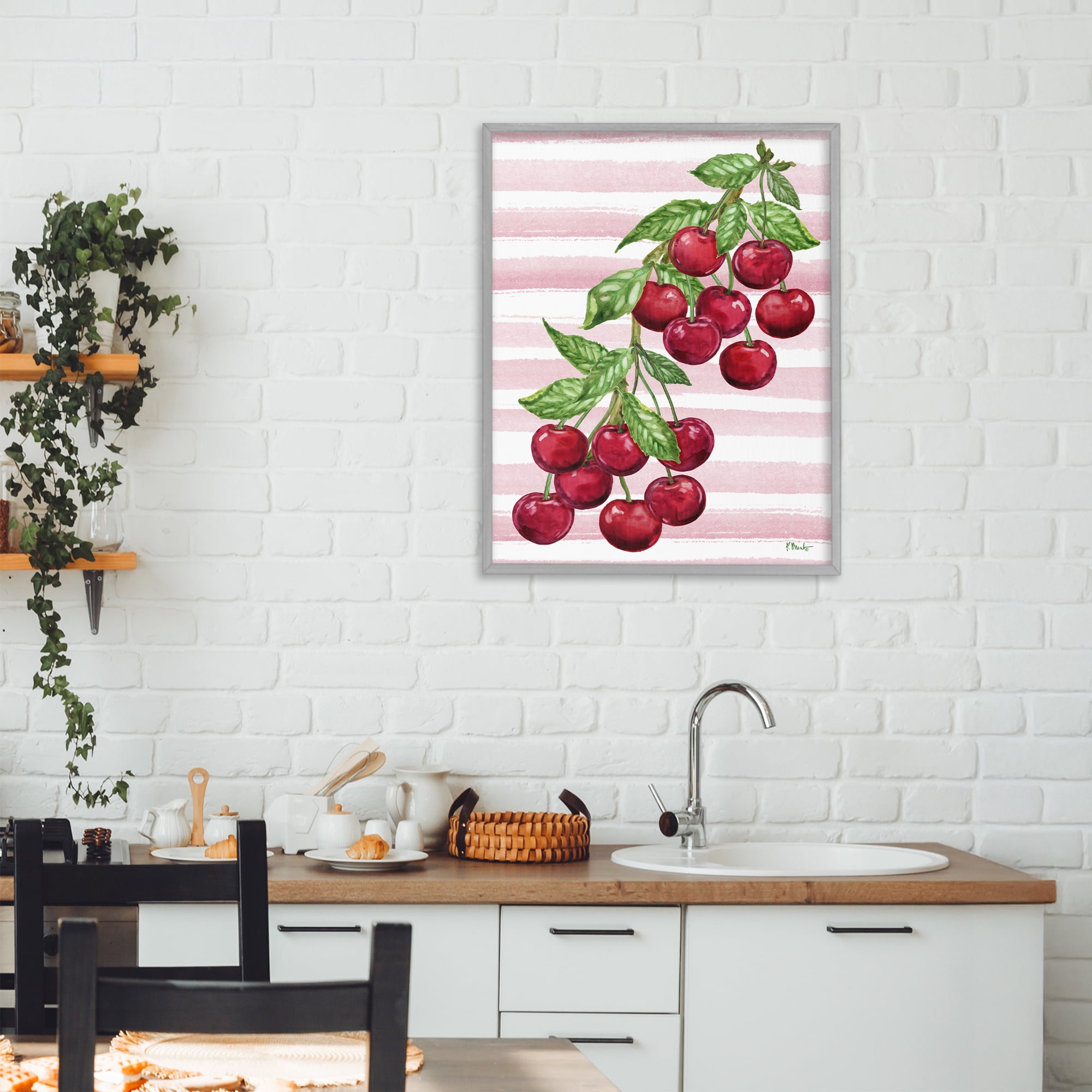 Stupell Industries Juicy Cherry Vine on Stripes Gray Framed Giclee Art, design by Paul Brent