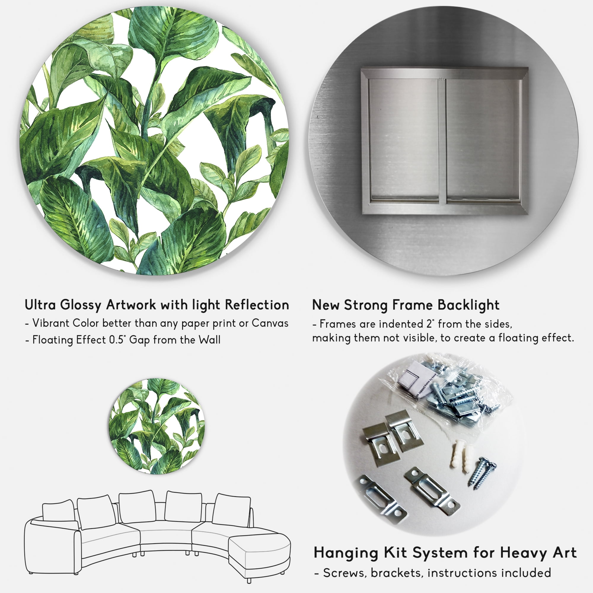 Designart 'Foliage Of Tropical Leaves On White' Tropical Circle Metal Wall Art 29x29 - Disc of 29