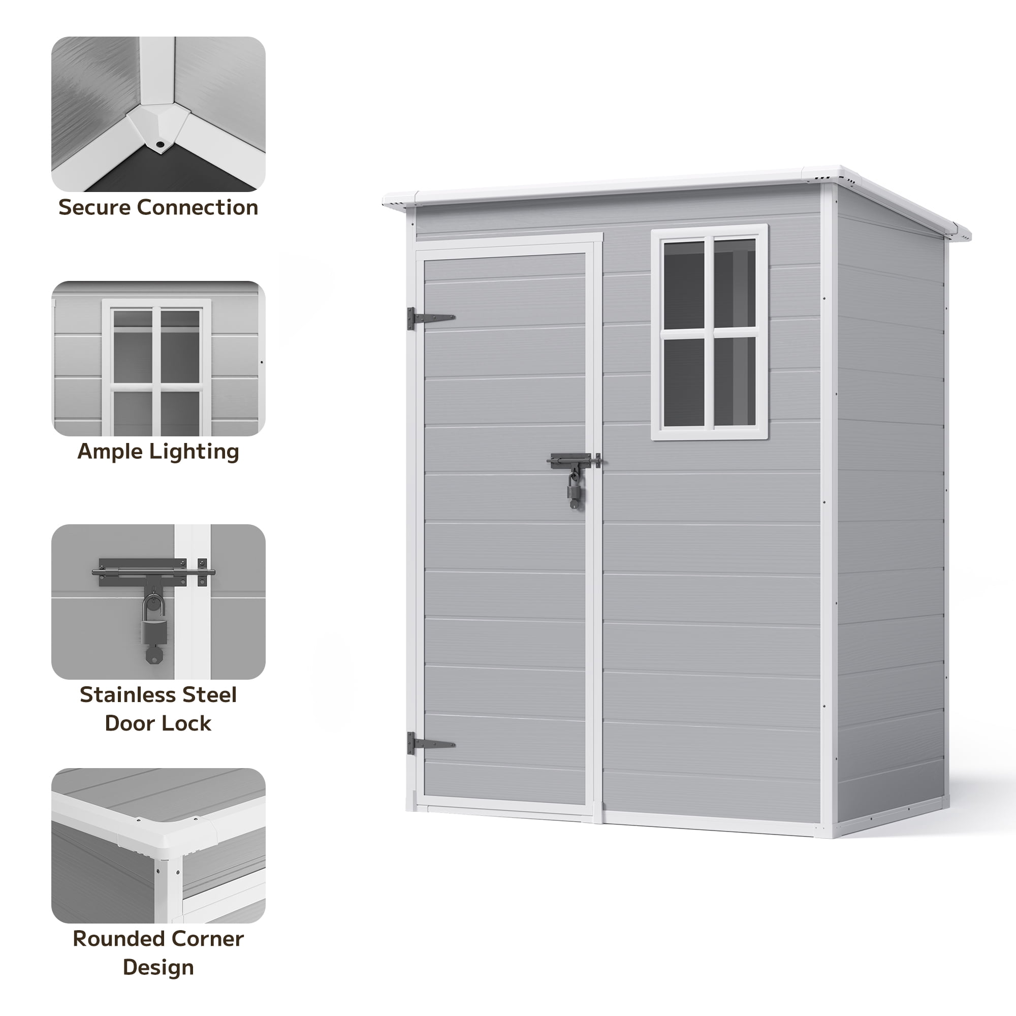 Asofer 5x3 FT Resin Outdoor Storage Shed, All-Weather Waterproof Utility Shed with Lockable Door, Lightweight Resin Tool Shed for Backyard Patio Garden Lawn, Gray