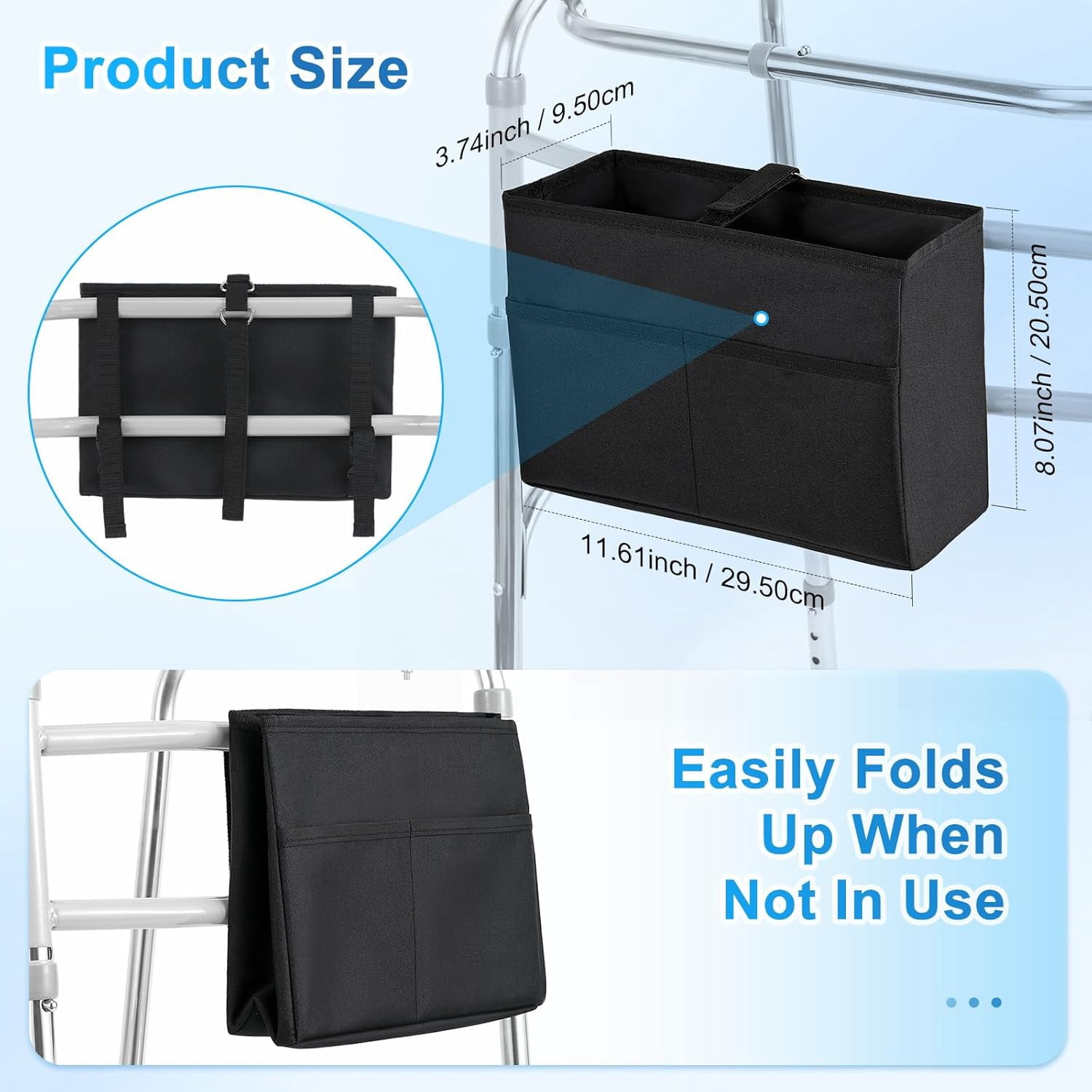 Rhino Valley Walker Basket, Large Capacity Basket for Walkers with Multi Pockets, Hand-Free Carry Pouch Storage Bag Walker Accessories for Universal Walkers for Seniors, Black