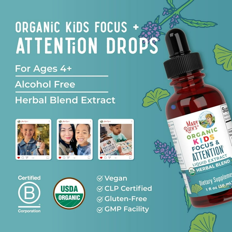 MaryRuth's | USDA Organic Nootropic Supplement for Kids | Focus & Attention Liquid Drops | Ginkgo Biloba & Astragalus | Vegan, Non-GMO | 30ml