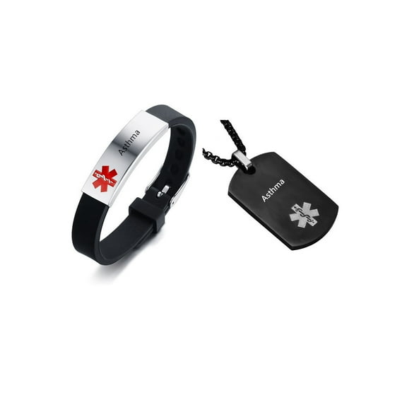 LF Medical Alert Bracelets and Necklaces Set for Men Women Stainless Steel Medic ID Identification Pendant Necklace & Silicone Cuff Bracelet Allergy Awareness Jewelry for Adult Teen,Customizable