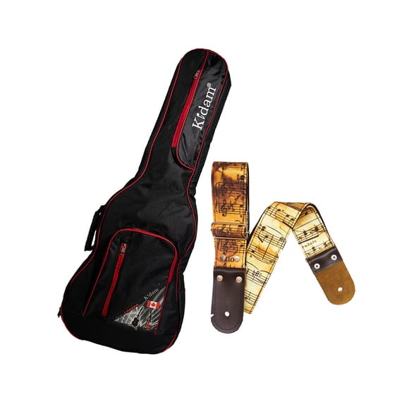 PAQUETE Estuche para guitarra eléctrica Funda para guitarra Gig bag, guitar case para trasporte y protección, color negro bordes rojos + Tahali strap correa Kidam PARTITURAS RETRO