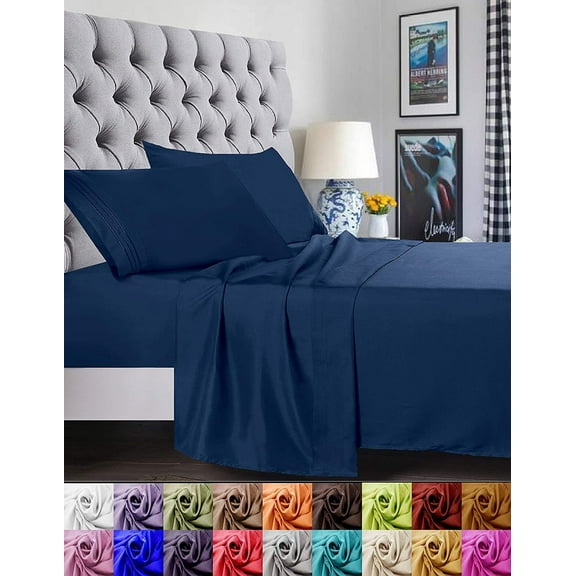 Elegant Comfort® Ultra Soft Microfiber 4pcs Sheet Set - Cool, Breathable, Wrinkle-Free, and Vibrant Colors Queen Navy Blue