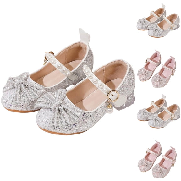 Viluyesy Girls Dress Heels Princess Shoes - Kids Bow Pearl Crystal Wedding Party Performance Mary Jane Flats For 4-11 Years Pink Size 11.5 M