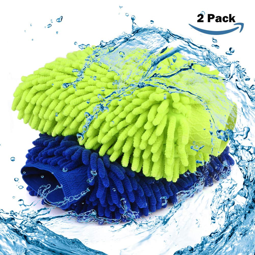 AFUNTA Car Wash Mitts Large Size and Small Size Blue & Green 2 pcs Microfiber Chenille Coral Fleece Double Sided Car Wash Gloves 