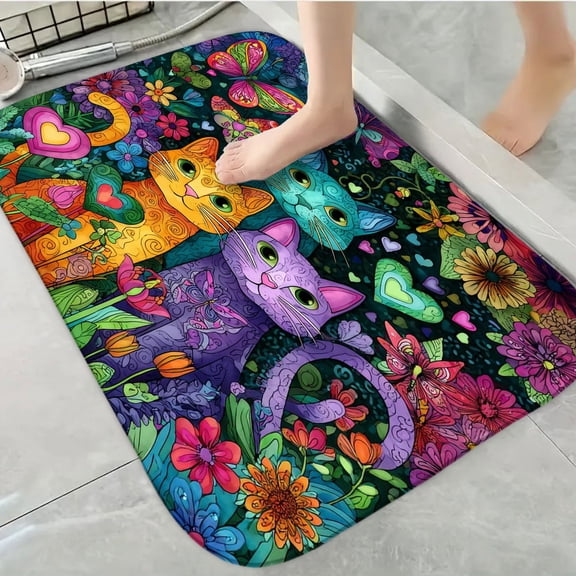 1pc Colorful Cats Absorbent Non-Slip Bathroom Thickened Flannel Rug Decor,Soft,Quick Drying,Suitable For Indoor/outdoor Use,Bathrooms,Bedrooms,Kitchens,Terrace,Laundry Rooms,16"x24"