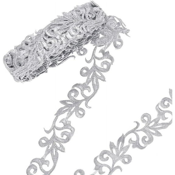 4.37Yards Silver Embroidery Polyester Ribbons 1.38" Wide Metallic Lace Trim Iron on Metallic Flower Lace
