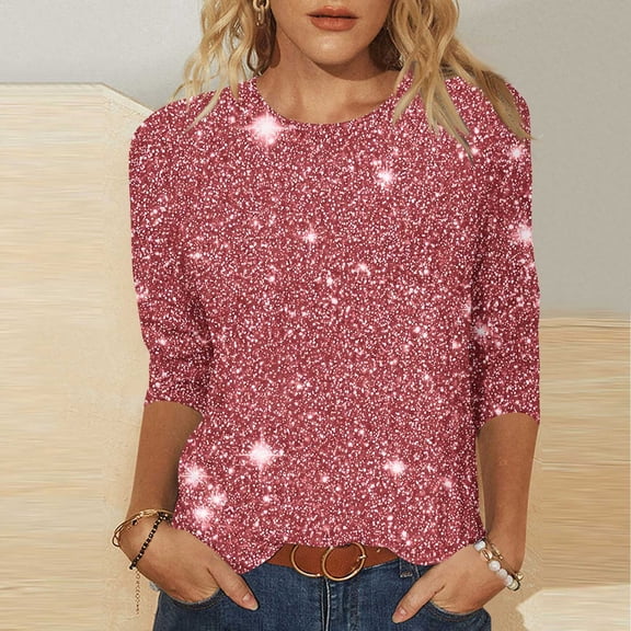 Hxlamzoo Women's Sequin Top Round Neck 3/4 Sleeves Sparkly Casual Party Blouse S-2XL