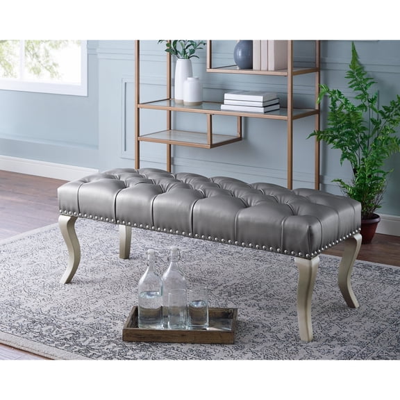 Decor Maxem Tufted Fabric Upholstered Bench with Nailhead Trim