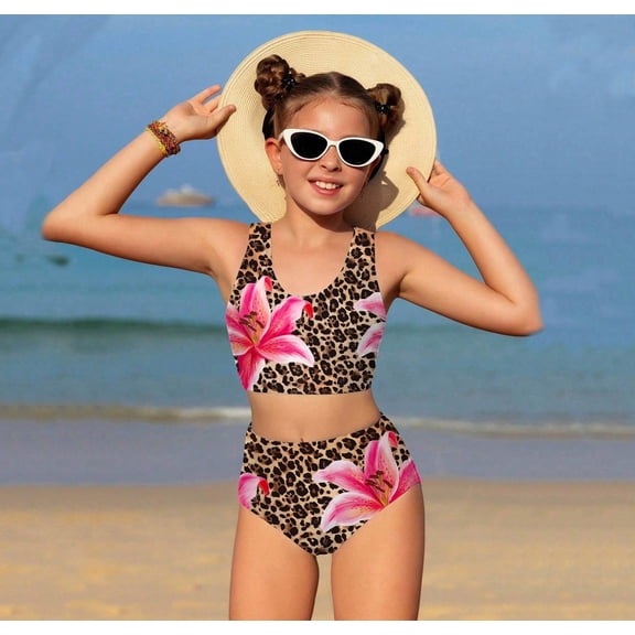 RTKFRFLM Girls Two Piece Bikini Swimsuit Leopard Print, Adjustable Triangle Top and Tie Side Bottoms