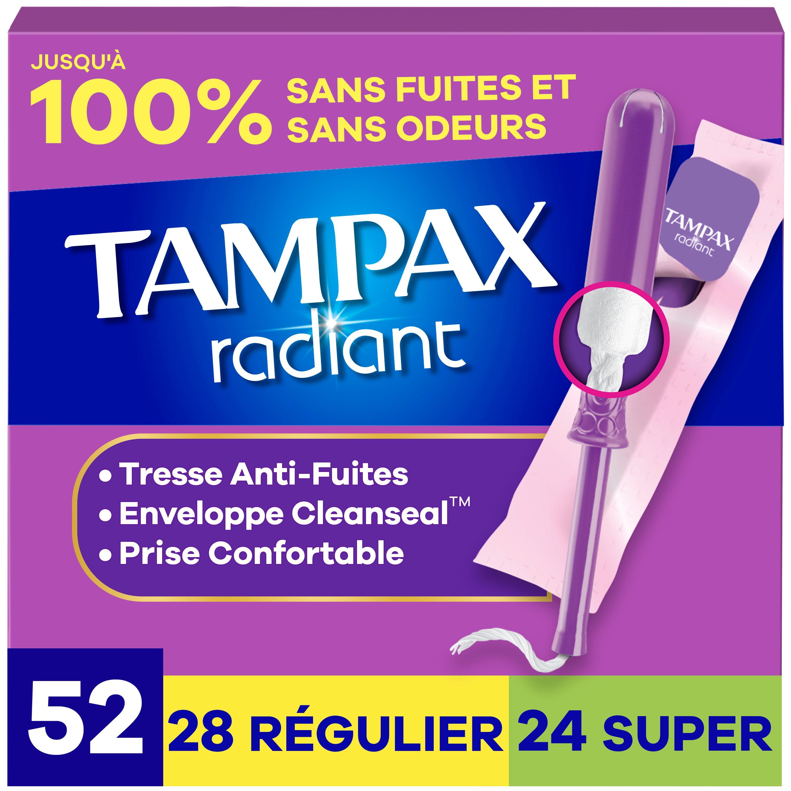 Tampax Radiant Tampons Multipack, with LeakGuard Braid, Regular/Super Absorbency, Unscented