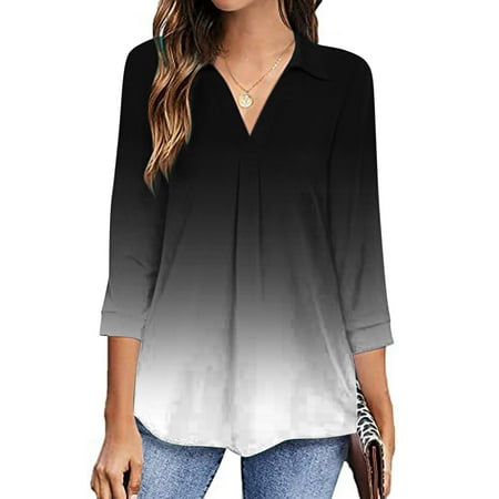 Oalirro Going out Tops for Women Deals Clearance Fashion Woman V Neck Three Quarter 3/4sleeve T Shirt Autumn Printing Blouse Tops Sweatshirt