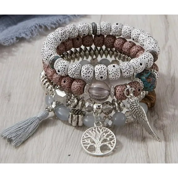 Love Wings Tassel Charm Bracelet Set, Gray