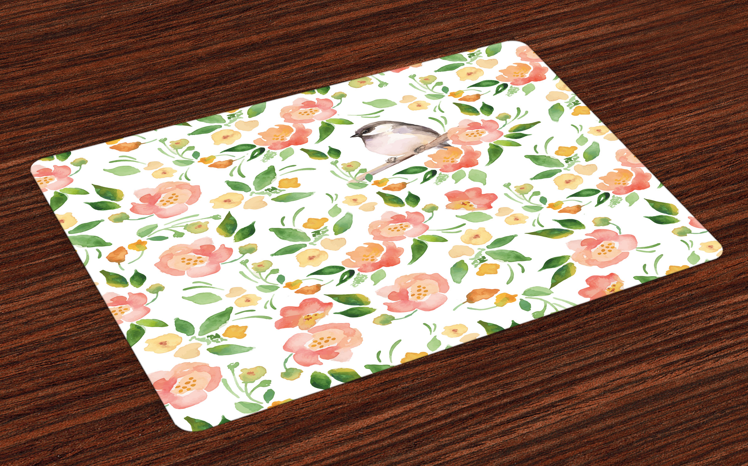 Floral Placemats Set of 4 Flower Petals Blossoms Leaves and Bird