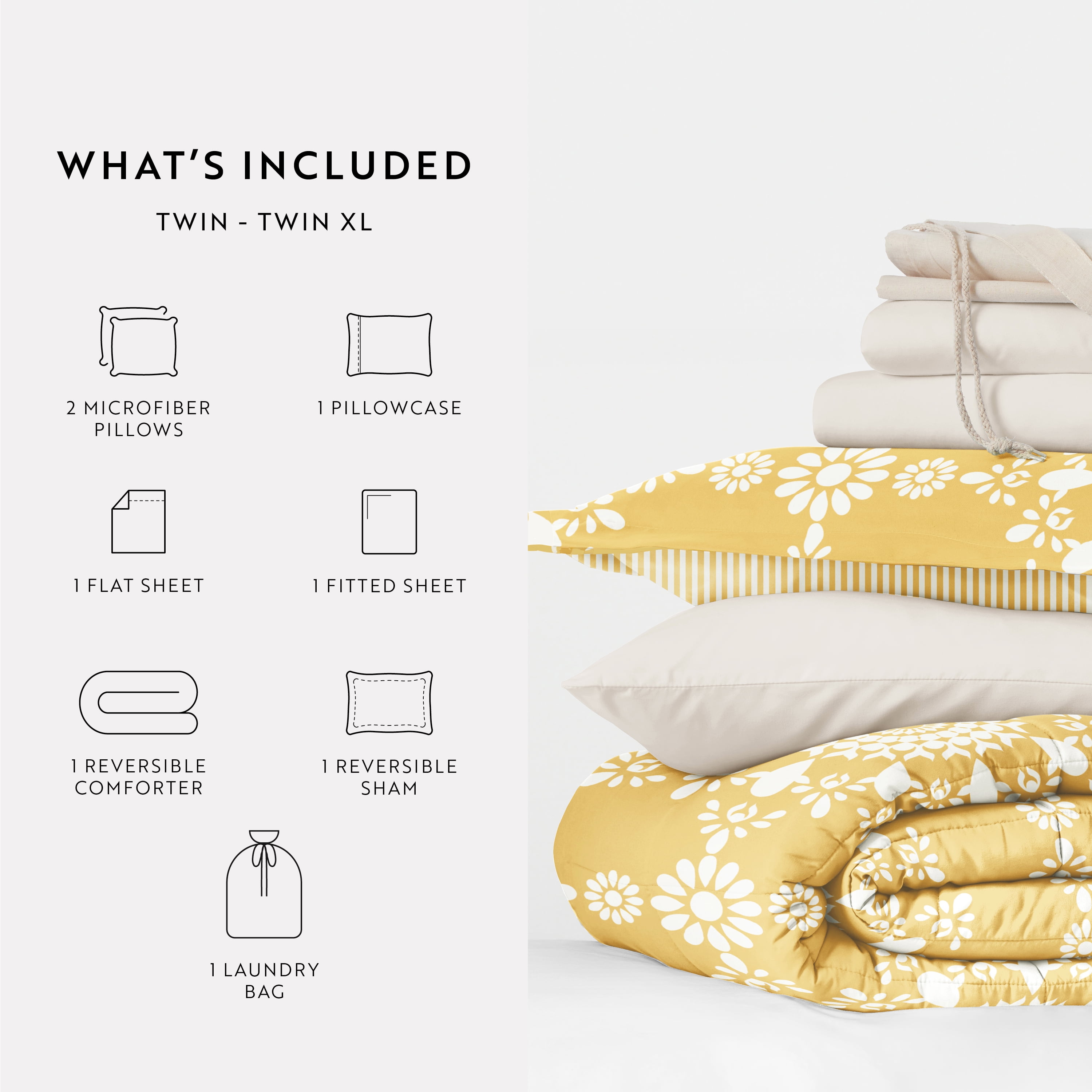 Noble Linens 8 Piece Dorm Bedding Bundle, Comforter & Sheet Set, Pillows, Laundry Bag