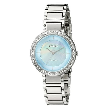 Drive Mother Of Pearl Dial Ladies' Eco Drive Silhouette Crystal EM0480-52N Silver-Tone Stainless steel Bracelet with Mother-of-Pearl Dial Watch ()