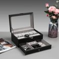thumbnail image 3 of Caja organizadora de almacenamiento de reloj con cerradura de cuero PU con 12 ranuras, vitrina de joyería negra de 2 niveles con tapa de vidrio, 3 of 14