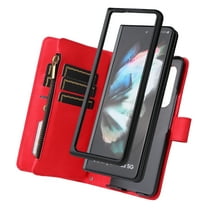 Dteck Samsung Galaxy Z Fold 3 5G Wallet Case with Removable Adjustable Crossbody Necklace Lanyard Shoulder Strap Wristlet Strap, 9 Card Slots with Zipper Pocket PU Leather Case, Red