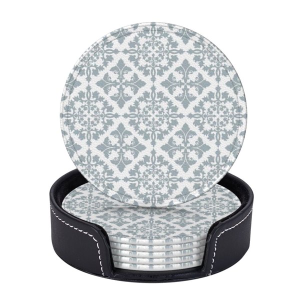 Posavasos de cuero de 6 piezas, posavasos con estampado floral de damasco victoriano gris para bebidas, posavasos para tazas, regalo de inauguración de la casa, ideal para la decoración del hogar