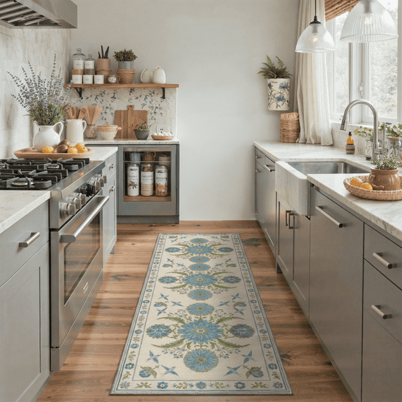GENIMO 2'x7' Runner Rug, Washable Non Slip Soft Floral Birds Hallway Runner for Kitchen Entryway Laundry Room, Dusty Blue