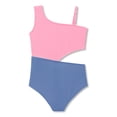 thumbnail image 2 of Serdomi Girls One Piece Swimsuit Trendy Pink Indigo Rib Knit Color Block Side-Cutout Bathing Suit for Little & Big Kids Size 12, 2 of 8