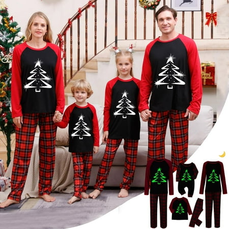

CFLVAEK Christmas Family Matching Pajamas Fashion Glow In The Dark Xmas Tree Print Pjs Sets Plaid Graphic Pants with Crewneck Blouse Outfits Parent and Children Holiday Loungewear Sets for Infant