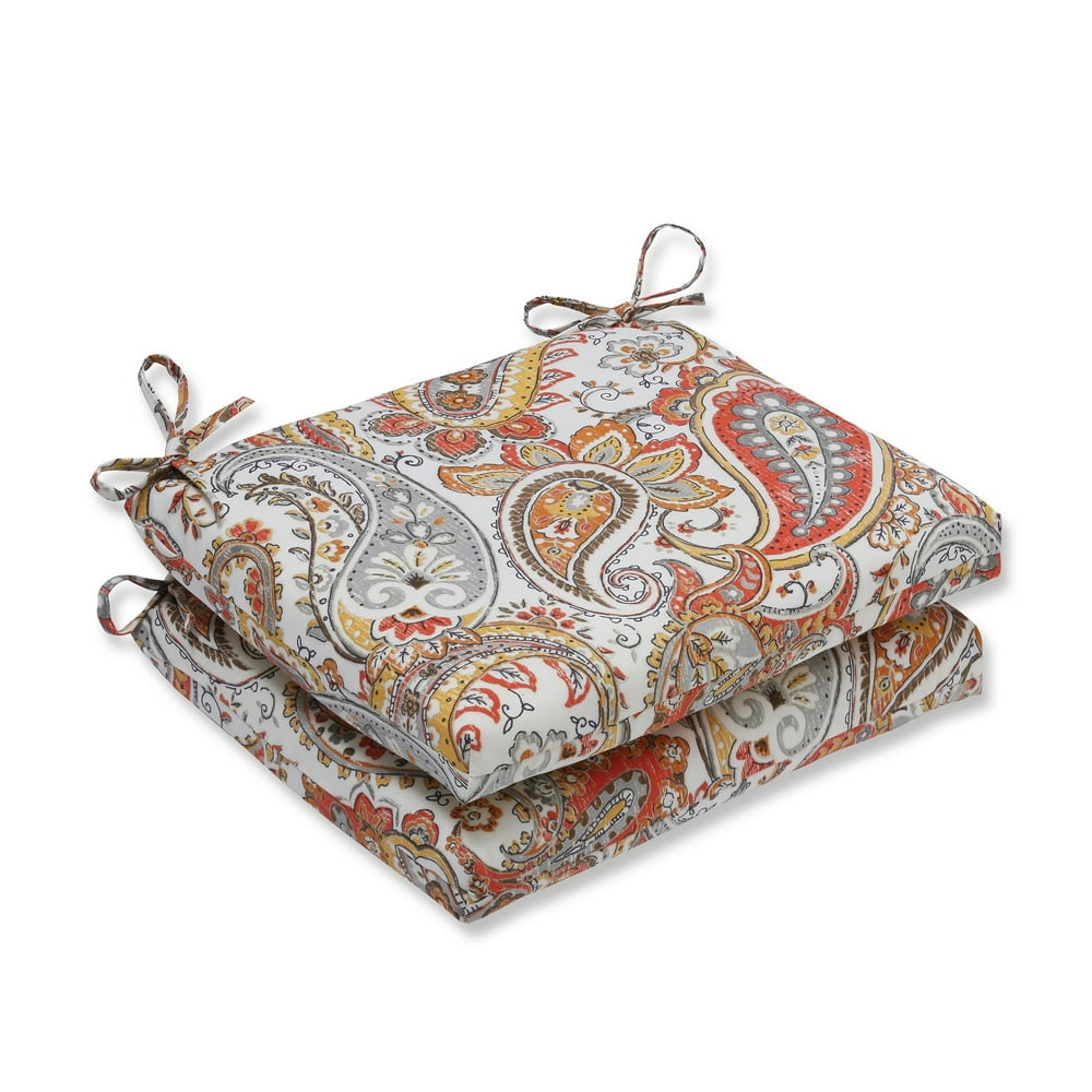 Set of 2 Orange and Yellow Paisley Sunset Outdoor Patio Chair Seat