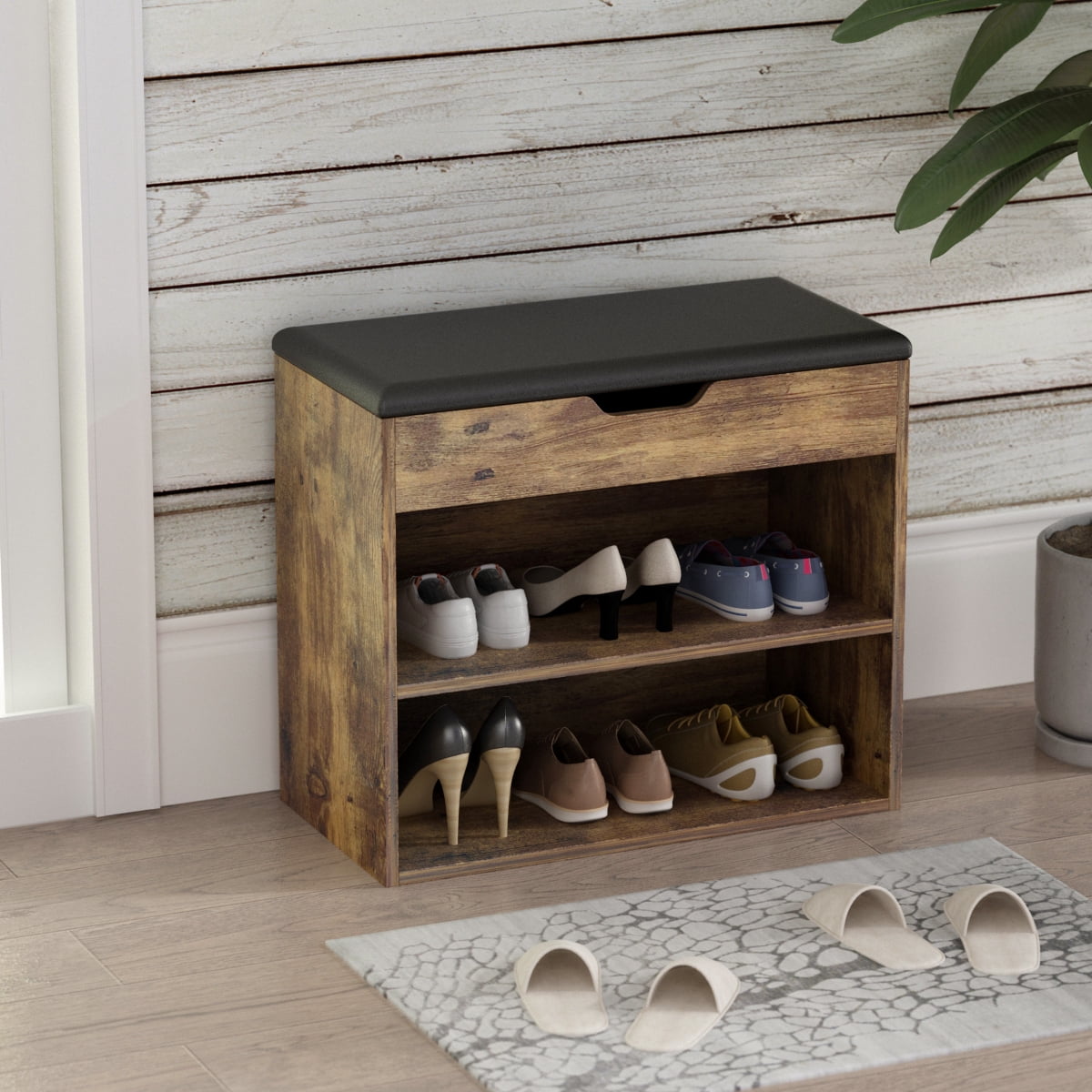 KULAGAGA 2-Tier Shoes Bench with Cushion Seat, Entryway Storage Shoe Rack Storage Stool Organizer, Walnut+Black