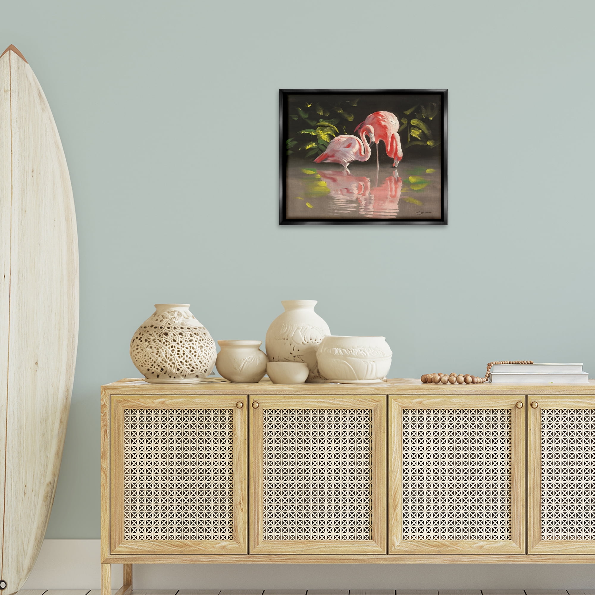 Stupell Industries Flamingos with Pond Reflection Animals & Insects Painting Black Floater Framed Canvas Art Print Wall Art, 21 x 17