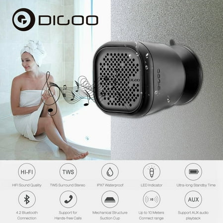 Digoo Waterproof Shower Speaker, Portable Stereo Speaker with Suction Cup Built-in Microphone For Bathroom Shower Hands-free