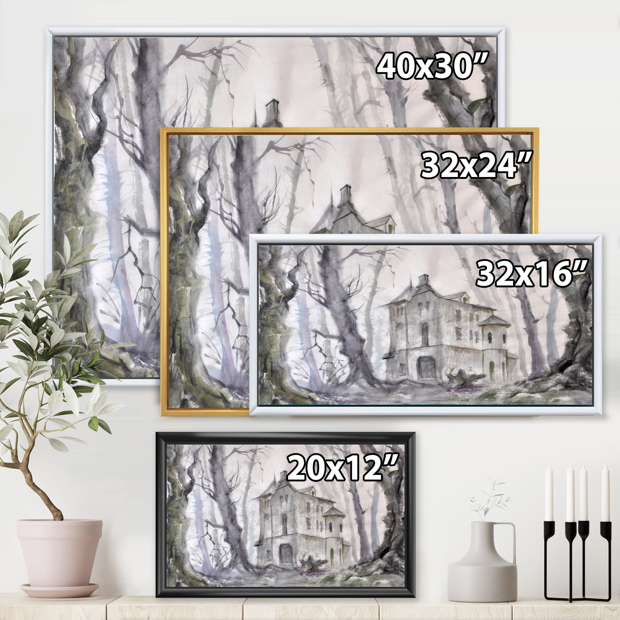 Designart 'Old Haunted Castle In The Woods' Traditional Framed Canvas Wall Art Print