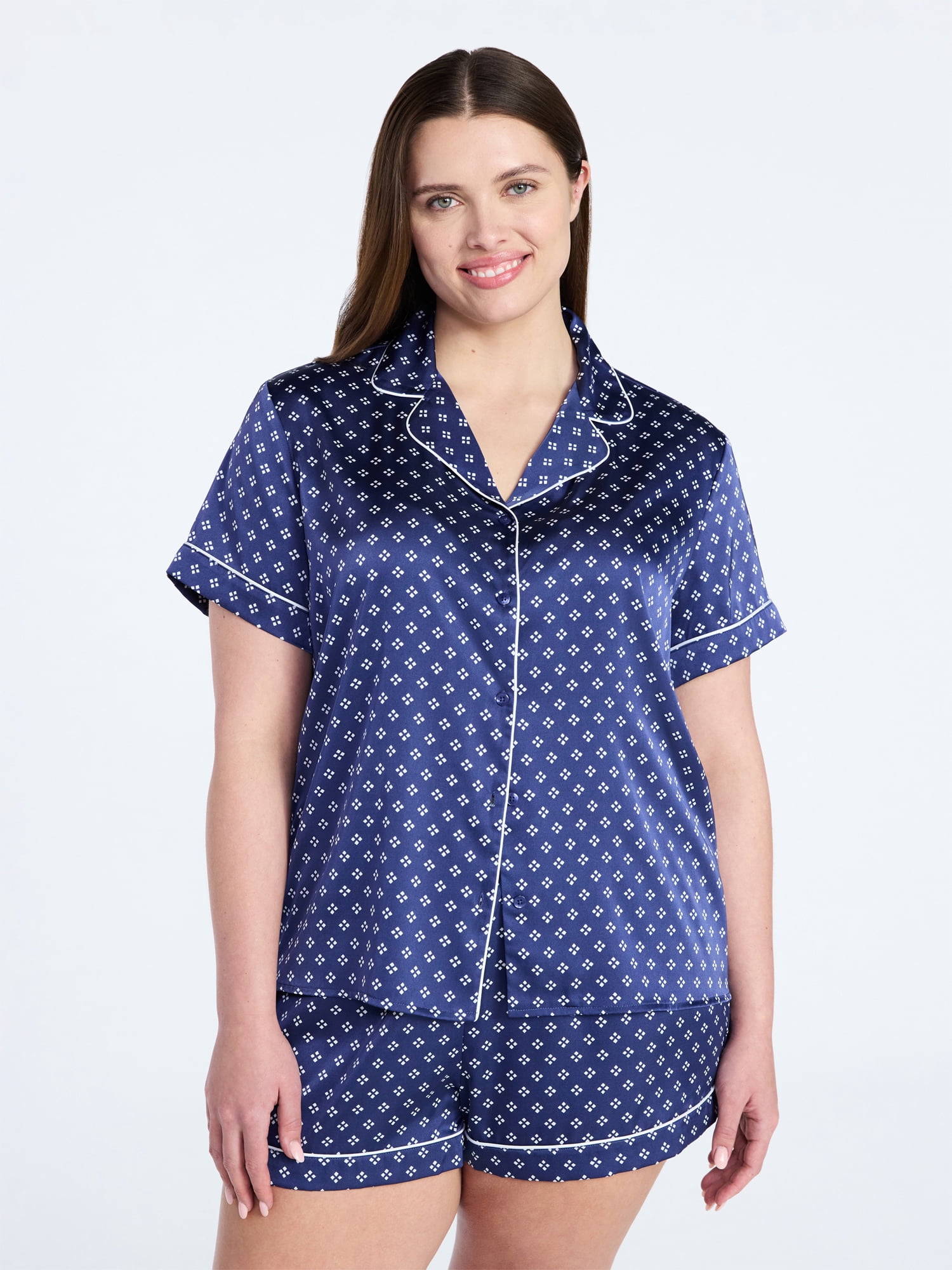 Joyspun Women’s Stretch Satin Short Sleeve Top and Shorts Pajama Set, Sizes XS-3X