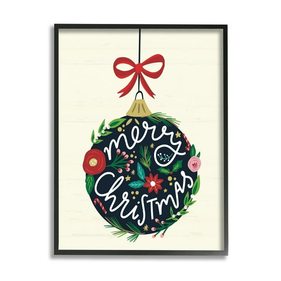 Stupell Industries Merry Christmas Hanging Botanical Ornament Red Bow Graphic Art Black Framed Art Print Wall Art, Design by Louise Allen