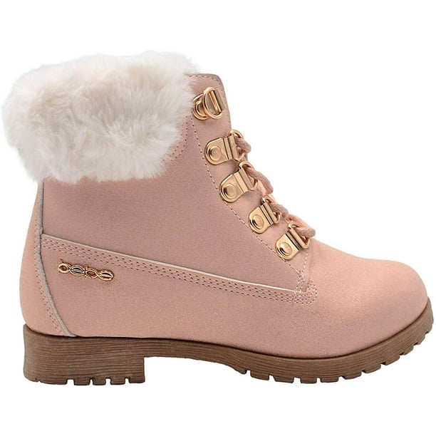 Bebe Girls Big Kid Easy Pull On Lace Up Short Ankle Shimmer Nubuck Boots Embellished With Faux Fur Cuffsize 1 M Us Little Kid Blush Walmart Com