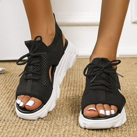 

XIAQUJ Summer Women Sandals Mesh Casual White Thick Soled Lace up Sandals Open Toe Beach Shoes Sandals for Women Black 7(38)