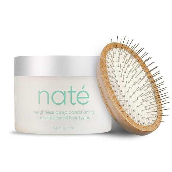 naté Hair Mask with Detangling Brush Weightless Deep Conditioning with Aloe Vera, Pacific Seaweed and Kaolin Clay Treatment for All Hair Types