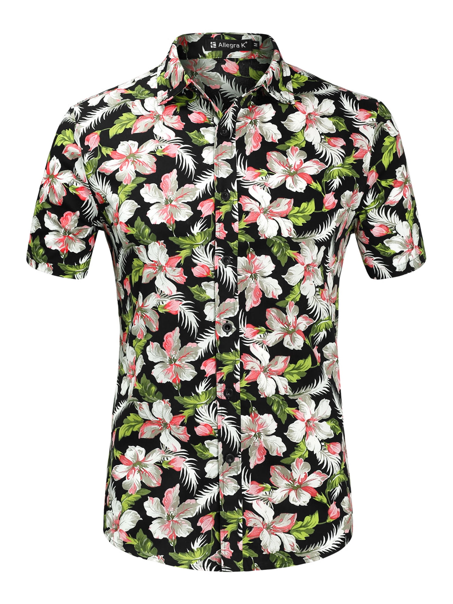 Men Floral Print Slim Fit Short Sleeve Button Down Beach Hawaiian Shirt