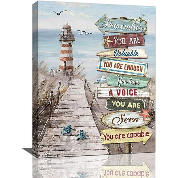 Lighthouse Wall Art Lighthouse Decor Ocean Seascape Blue Canvas Wall Decor Motivational Seagull Painting Nautical Teal Artwork Framed Ready to Hang for Bathroom Home Office 12"x16"