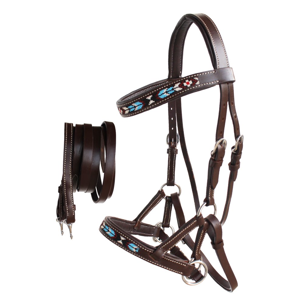 Horse Western Leather Tack Beaded Bitless Sidepull Bridle Reins Brown