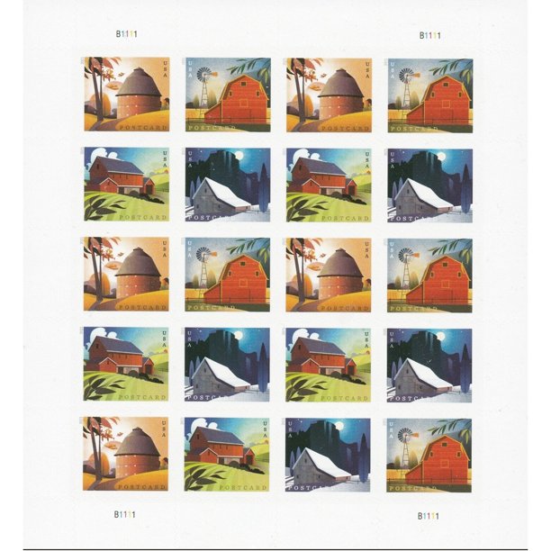 Barn POSTCARD RATE USPS Postage Stamps Sheet of 20 US Postal First