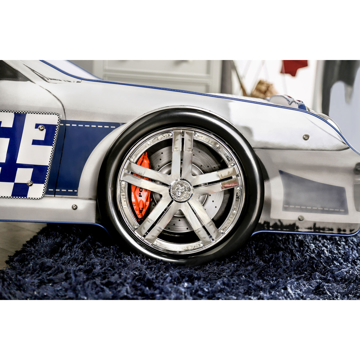 Miekor Furniture Modern Novelty Style Twin Bed Police Car Design With High gloss Design LED Lights On Wheels And Headlights Included Slat Kit Metal Structure Painted Edges Blue And White Finish MK3642