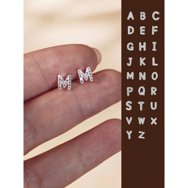 1pair Fashion Sterling Silver Cubic Zirconia Letter Decor Stud Earrings For Women For Daily Decoration