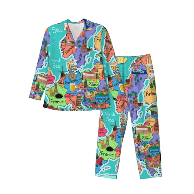 Balery Cartoon Map Of Europe Pijama para Hombre de Dos Piezas con Manga Larga, Conjunto de Dormir y Descanso Suave con Bolsillos-XX-Large