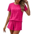 thumbnail image 3 of Uootdi Short Sets for Women Summer Short Sleeve Textured Floral Round Neck Top Elastic Waist Casual Shorts Comfy Daily Matching Outfits, 3 of 6