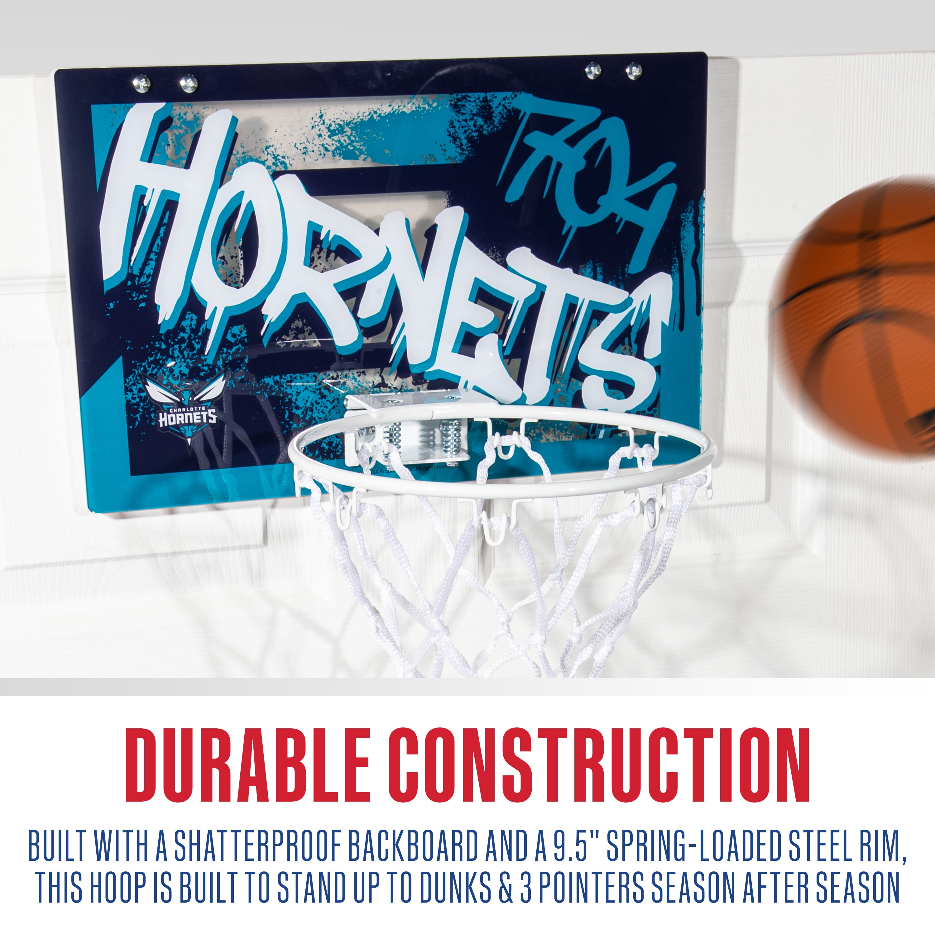 Franklin Sports NBA Charlotte Hornets Over the Door Basketball Hoop - Kids Indoor Basketball Hoop with Mini Basketball - NBA Fan Shop Mini Hoop for Bedroom + Office - Over the Door Mini Hoop Set