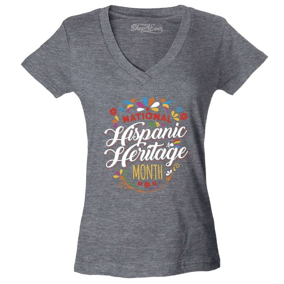 Shop4Ever Women's National Hispanic Heritage Month Slim Fit V-Neck T-Shirt X-Small Heather Charcoal