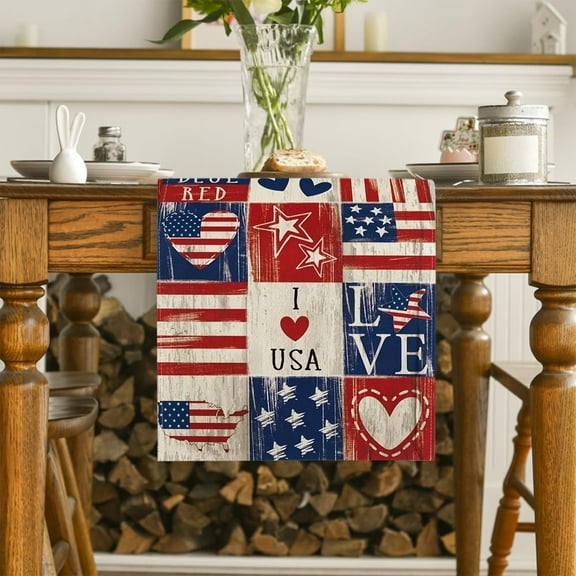 Patriotic Table Runner 4th Of July Decorations Stars Stripes Red White Blue USA Flag Day Themed Holiday Dining Party Decoration B